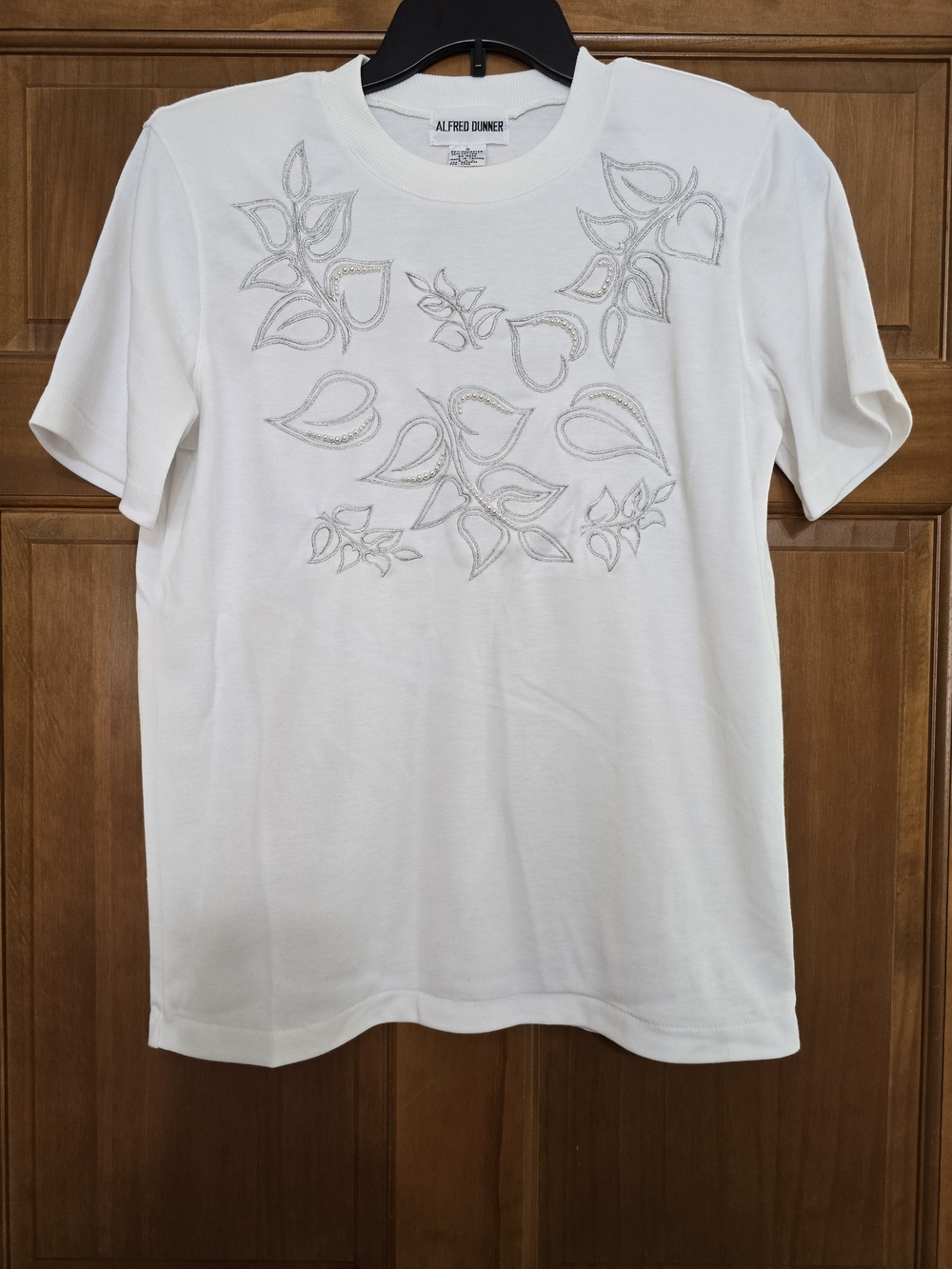 Alfred Dunner White Tee with Silver Leaf/Pearl Embellishment